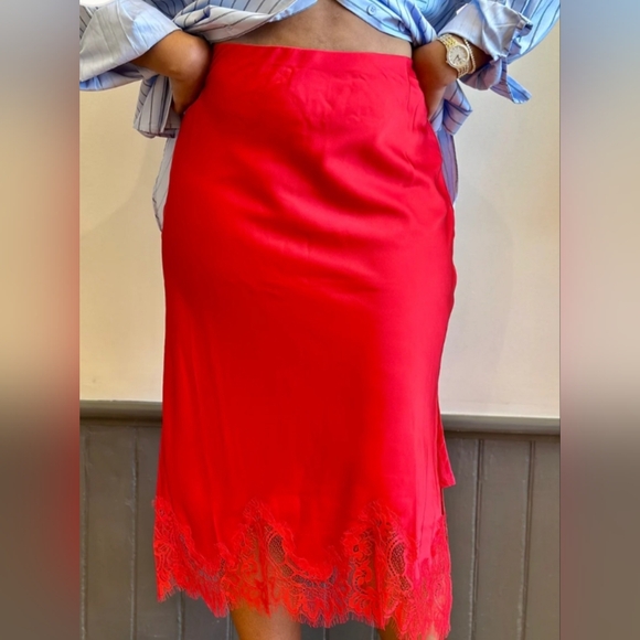 Anthropologie Satin Lace Trim Midi Skirt - Picture 1 of 4